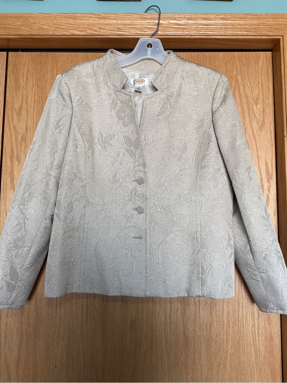 Talbots Petites Cream Silk Blend Floral Jacquard Collarless Blazer